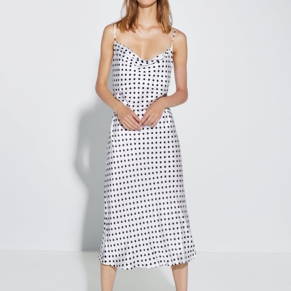 Zara Satin Polkadot Midi Slip Dress
